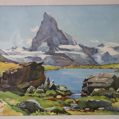 Original Signed Watercolor Painting of Matterhorn Mountain and Lake Scene