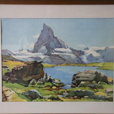 Original Signed Watercolor Painting of Matterhorn Mountain and Lake Scene