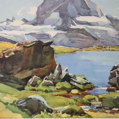 Original Signed Watercolor Painting of Matterhorn Mountain and Lake Scene