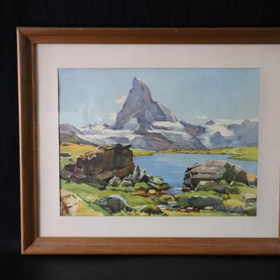 Original Signed Watercolor Painting of Matterhorn Mountain and Lake Scene