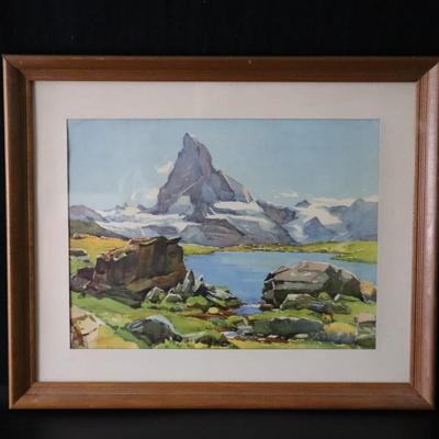 Original Signed Watercolor Painting of Matterhorn Mountain and Lake Scene