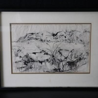 Original Kenneth Callahan (American, 1905 - 1986) Ink Wash Painting of Coastal Landscape Scene