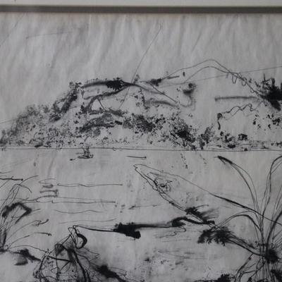 Original Kenneth Callahan (American, 1905 - 1986) Ink Wash Painting of Coastal Landscape Scene
