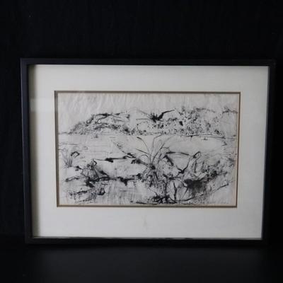 Original Kenneth Callahan (American, 1905 - 1986) Ink Wash Painting of Coastal Landscape Scene