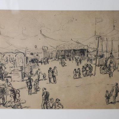 Original Kenneth Callahan (American, 1905 - 1986) Pencil on Paper Titled "Circus"