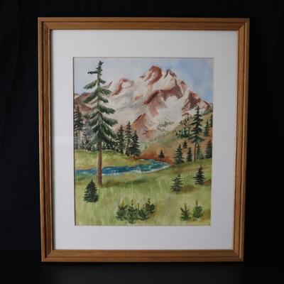 Original Watercolor Painting of Mountain and River Scene Signed by Lopp