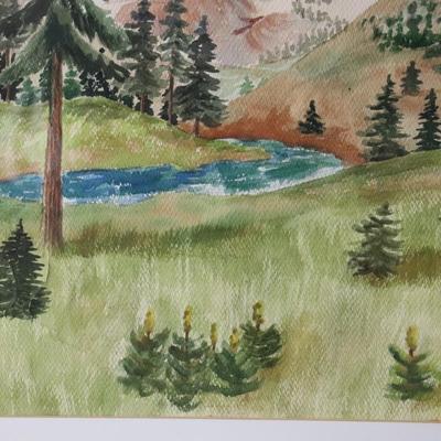 Original Watercolor Painting of Mountain and River Scene Signed by Lopp
