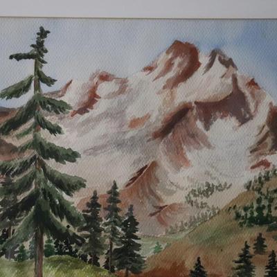 Original Watercolor Painting of Mountain and River Scene Signed by Lopp