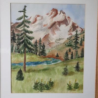 Original Watercolor Painting of Mountain and River Scene Signed by Lopp