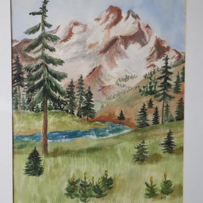 Original Watercolor Painting of Mountain and River Scene Signed by Lopp