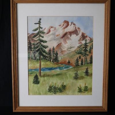 Original Watercolor Painting of Mountain and River Scene Signed by Lopp