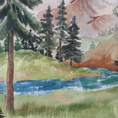 Original Watercolor Painting of Mountain and River Scene Signed by Lopp