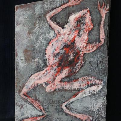 Original 1967 Kenneth Callahan (American, 1905 - 1986) Painting of Frog on Wood Board