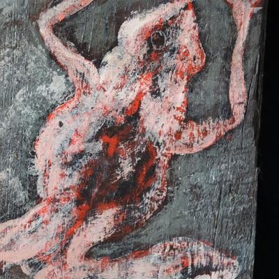 Original 1967 Kenneth Callahan (American, 1905 - 1986) Painting of Frog on Wood Board