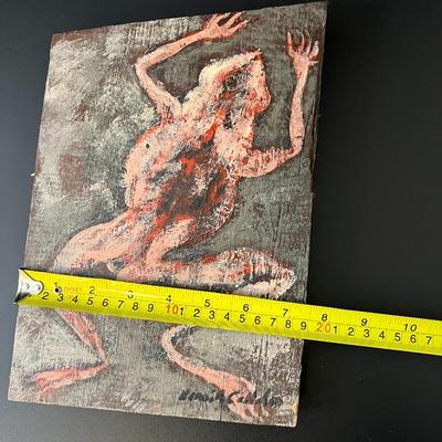Original 1967 Kenneth Callahan (American, 1905 - 1986) Painting of Frog on Wood Board