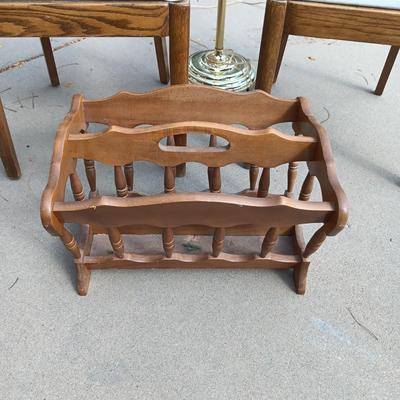 2 DINING CHAIRS, FLOOR LAMP AND MAGAZINE RACK