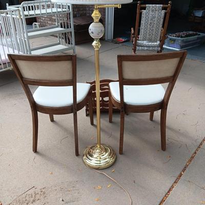 2 DINING CHAIRS, FLOOR LAMP AND MAGAZINE RACK