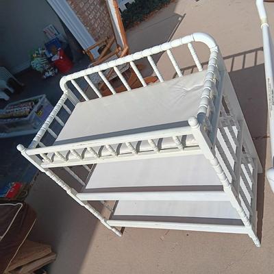 CHANGING TABLE, FOLDING PORTABLE CRIB, TOTE FULL OF BABY BLANKETS AND A STROLLER