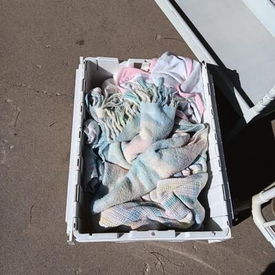CHANGING TABLE, FOLDING PORTABLE CRIB, TOTE FULL OF BABY BLANKETS AND A STROLLER