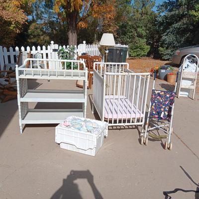 CHANGING TABLE, FOLDING PORTABLE CRIB, TOTE FULL OF BABY BLANKETS AND A STROLLER