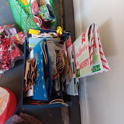 MANY GIFT BAGS IN A WOODEN CRATE, RIBBON & BOWS