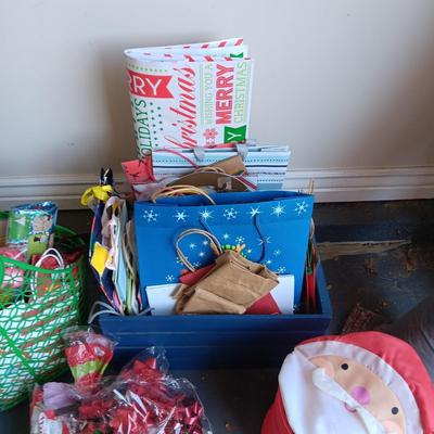 MANY GIFT BAGS IN A WOODEN CRATE, RIBBON & BOWS
