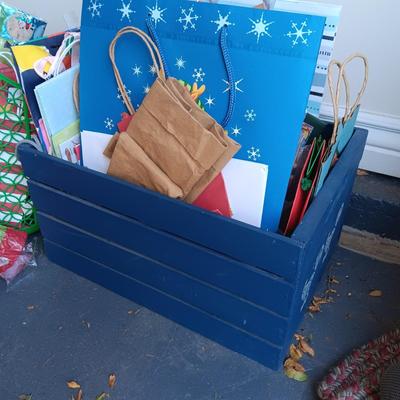 MANY GIFT BAGS IN A WOODEN CRATE, RIBBON & BOWS