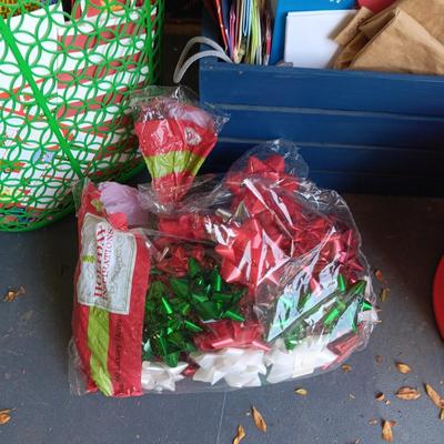 MANY GIFT BAGS IN A WOODEN CRATE, RIBBON & BOWS