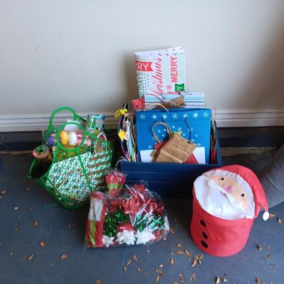 MANY GIFT BAGS IN A WOODEN CRATE, RIBBON & BOWS