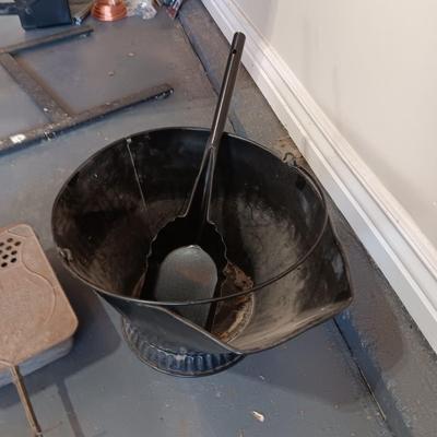COAL BUCKET W/SHOVEL, MAZOLA CORN POPPER AND A FAUCET WALL HOOK