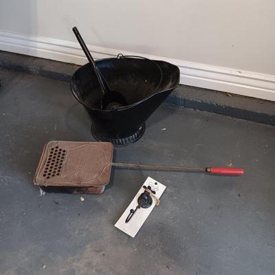 COAL BUCKET W/SHOVEL, MAZOLA CORN POPPER AND A FAUCET WALL HOOK