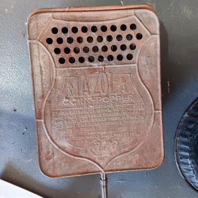 COAL BUCKET W/SHOVEL, MAZOLA CORN POPPER AND A FAUCET WALL HOOK