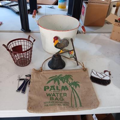 CAST IRON ROOSTER BELL, WATER BAG, 2 STAINED GLASS AND MORE