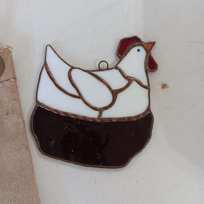 CAST IRON ROOSTER BELL, WATER BAG, 2 STAINED GLASS AND MORE