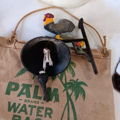 CAST IRON ROOSTER BELL, WATER BAG, 2 STAINED GLASS AND MORE