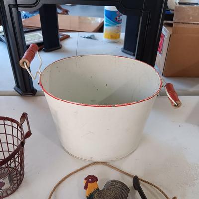 CAST IRON ROOSTER BELL, WATER BAG, 2 STAINED GLASS AND MORE
