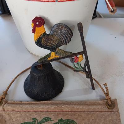 CAST IRON ROOSTER BELL, WATER BAG, 2 STAINED GLASS AND MORE