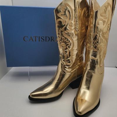 NEW Size 7 Catisdra Gold & Embroidered Vintage-Style Women's Cowboy Boots