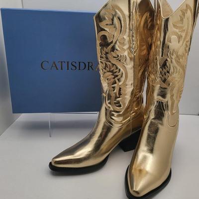 NEW Size 7 Catisdra Gold & Embroidered Vintage-Style Women's Cowboy Boots