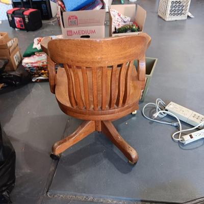 NICE VINTAGE WOODEN DESK CHAIR, BRIEFCASE, SURGE BOXES AND WASTE CAN