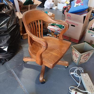 NICE VINTAGE WOODEN DESK CHAIR, BRIEFCASE, SURGE BOXES AND WASTE CAN