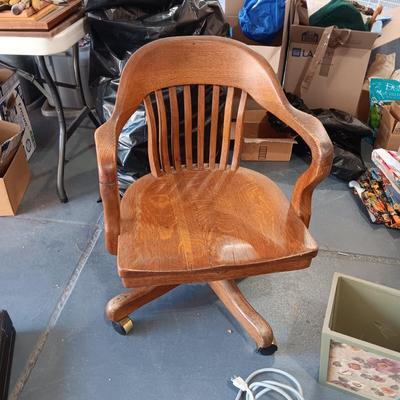 NICE VINTAGE WOODEN DESK CHAIR, BRIEFCASE, SURGE BOXES AND WASTE CAN