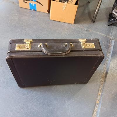 NICE VINTAGE WOODEN DESK CHAIR, BRIEFCASE, SURGE BOXES AND WASTE CAN