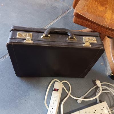 NICE VINTAGE WOODEN DESK CHAIR, BRIEFCASE, SURGE BOXES AND WASTE CAN