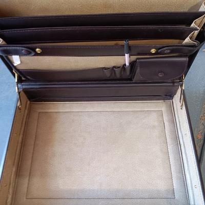 NICE VINTAGE WOODEN DESK CHAIR, BRIEFCASE, SURGE BOXES AND WASTE CAN