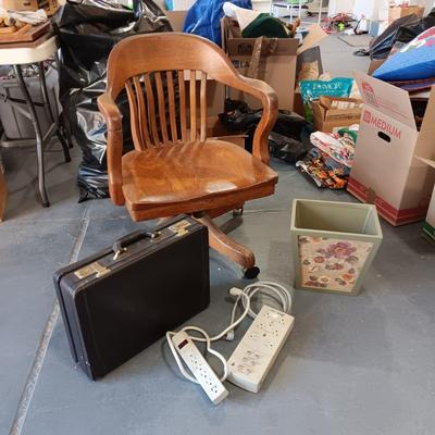 NICE VINTAGE WOODEN DESK CHAIR, BRIEFCASE, SURGE BOXES AND WASTE CAN
