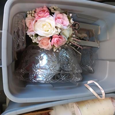 WEDDING DECORATIONS AND 3 STORAGE CONTAINERS