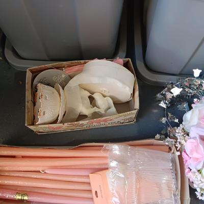 WEDDING DECORATIONS AND 3 STORAGE CONTAINERS