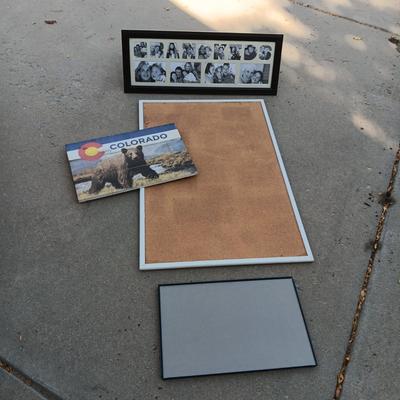 WOODEN COLORADO SIGN, GRANDKIDS FRAME AND LARGE CORK BOARD