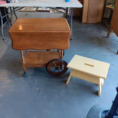 DROP LEAF TEA CART AND WOODEN STOOL
